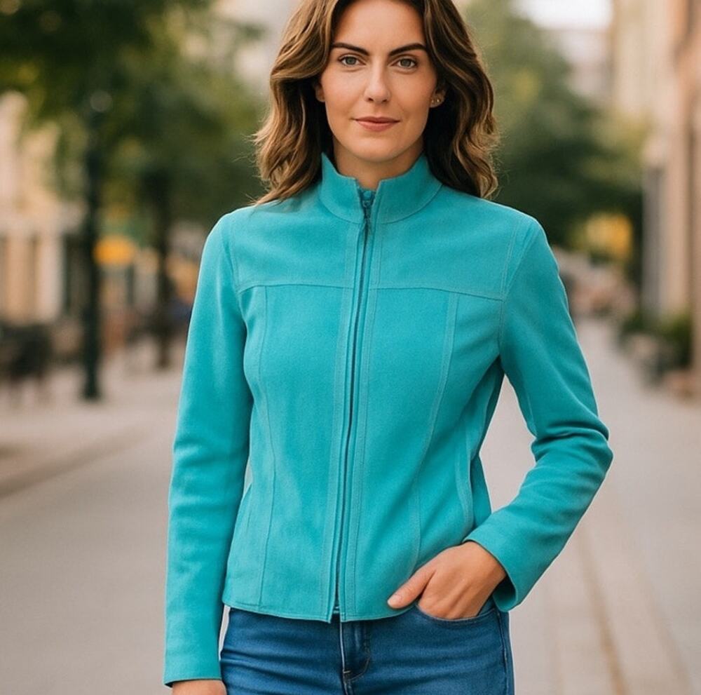 Vtg Yvonne Le Marie Teal Suede Genuine Leather Jacket Size 8 Zip up Lined